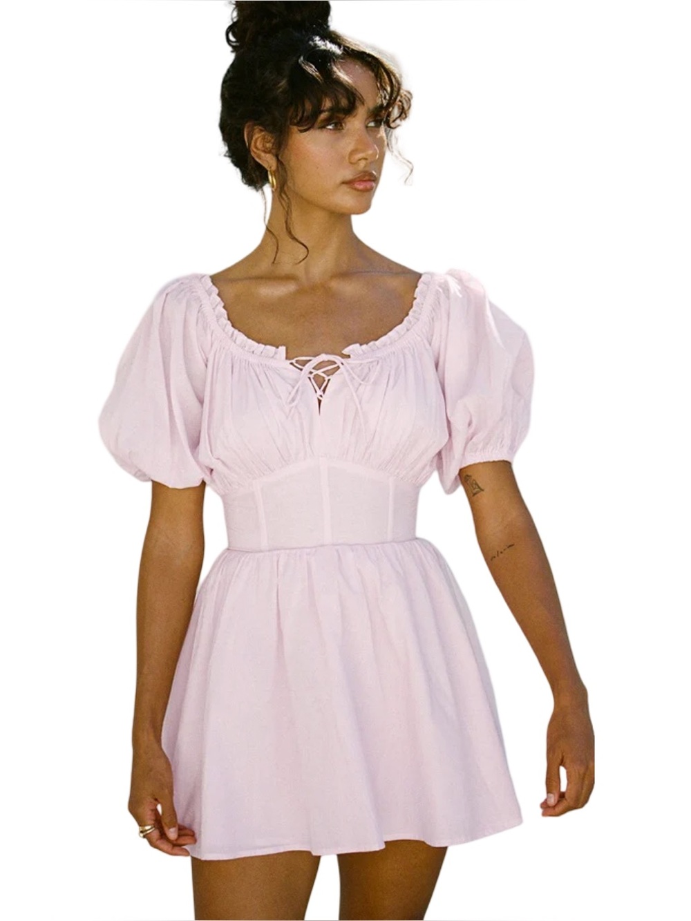 Light Pink Puff Sleeve Mini Dress by Nyrobi Cottagecore Fairycore Babydoll
